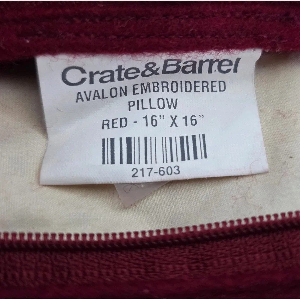 Crate & Barrel Avalon Gold Embroidered Pillow Red Wool 16x16 Zip Feather Insert